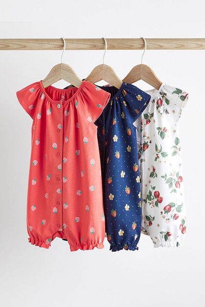 Next Baby 100% Cotton Red Strawberry Patterned 3 Piece Romper Set