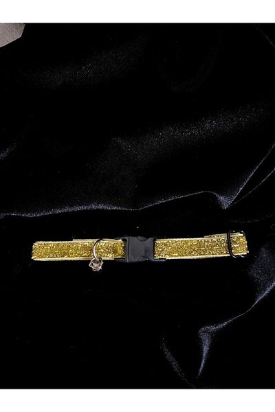 S&E TASARIM Gold Color Glitter Gold Yellow Cat Collar Small Breed Dog Collar Glitter Collar with Bell