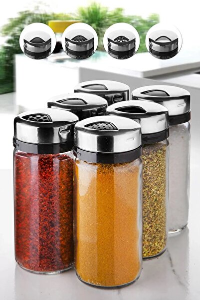 Genel Markalar Cam 6 ADET Lüks Metal Döner Kapaklı Basıc Model Baharatlık Tuz...