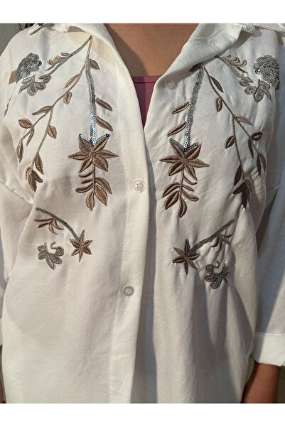Butik Linen Casual Suit White - Sequin and Embroidery Embroidered Triple Set