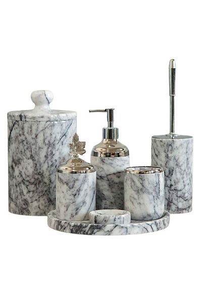 ege gross Decorative Lilac Marble Silver Leaf Detailed 7 Piece Bathroom Set Set