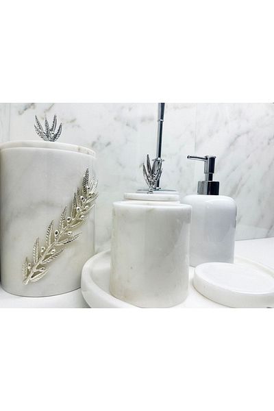 ege gross Decorative White Marble Silver Olive Branch Detailed 7 Piece Bathroom Set Set
