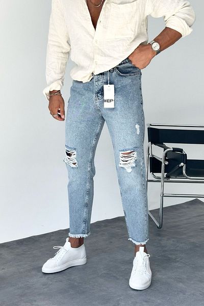 MADZEYMODA Blugi jeans pentru bărbați, albaștri rupti și cu ciucuri, pentru bărbați