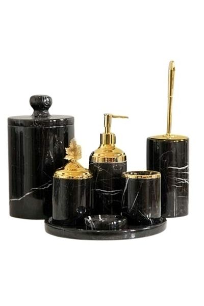 ege gross Decorative Black Marble Gold Leaf Detailed 7 Piece Bathroom Set Set
