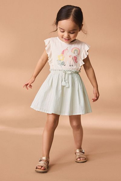 Next Baby 100% Cotton White Unicorn Print Short Sleeve Dress