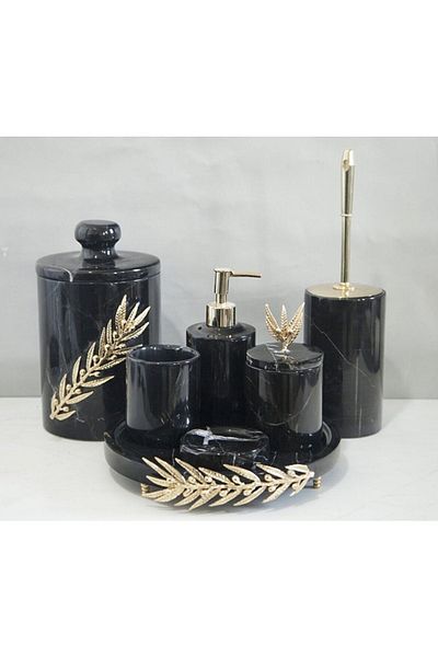 ege gross Decorative Black Marble Gold Olive Branch Detailed 7 Piece Bathroom Set