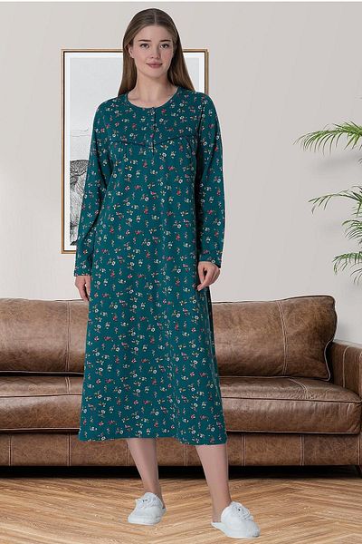 CT MODA Women's Green Patterned 100% Cotton Combed Plus Size Summer Nightgown
