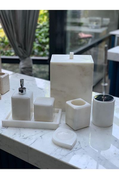 ege gross Decorative White Marble Plain Square Silver Detailed 7-Piece Bathroom Set Set