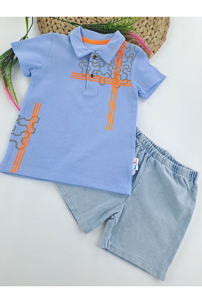 Baby Buu Set dublu pentru băieți - tricou și pantaloni scurți cu gât polo, detaliu cu imprimeu în dungi, calitate premium
