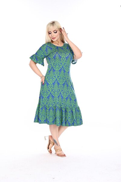 mami butik Plus Size Stylish Combed Cotton Dress - Knee-Length Sleeve, Ruffle Detail and Pocket