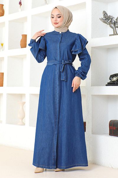 Modamihram Dark Blue Frilly Shoulder Ferace - Buttoned 19204