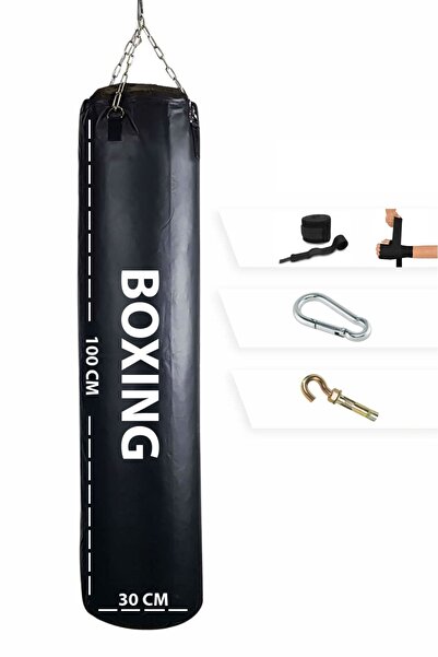 Genel Markalar 100 Cm - Kum Ve Boks Torbası 100x30 Cm Dolu Ve Boks Bandajı 25-30 Kg Siyah