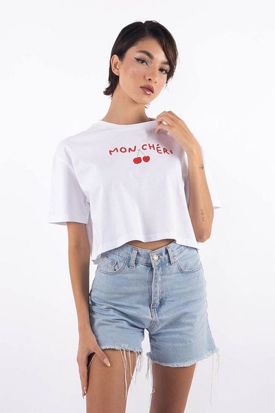 Coredra Tricou Crop pentru damă, alb, oversize Mon Cheri