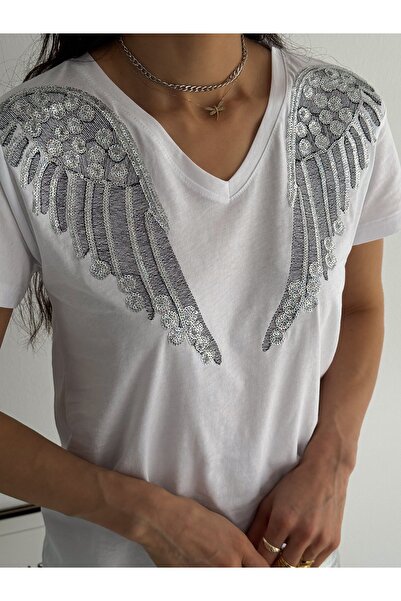 Esra Butik Hane Γυναικείο μπλουζάκι με διπλό φύλλο με λαιμόκοψη V με πούλιες με κέντημα από βαμβακερό φύλλο