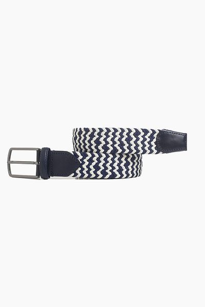 hateko Men's Navy Blue White Genuine Leather Detailed Elastic Knitted Belt
