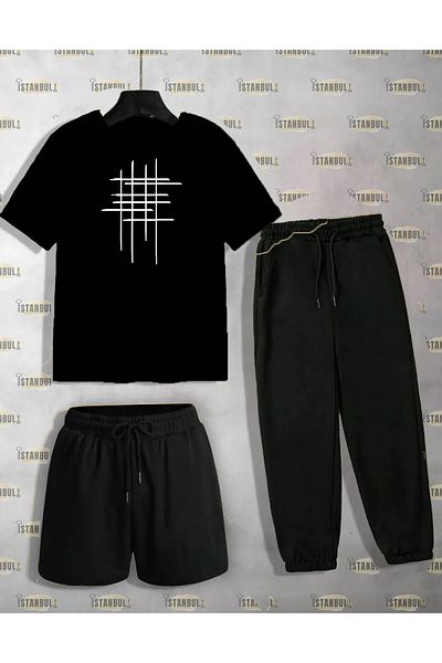 aynewmoda Printed Striped T-shirt and Shorts Tracksuit Set