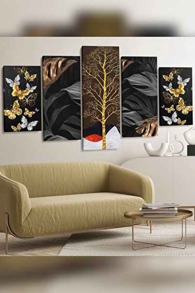 Evinemoda Kelebek Yapraklar Ağaç 5 Parça Kanvas - Canvas Tablo