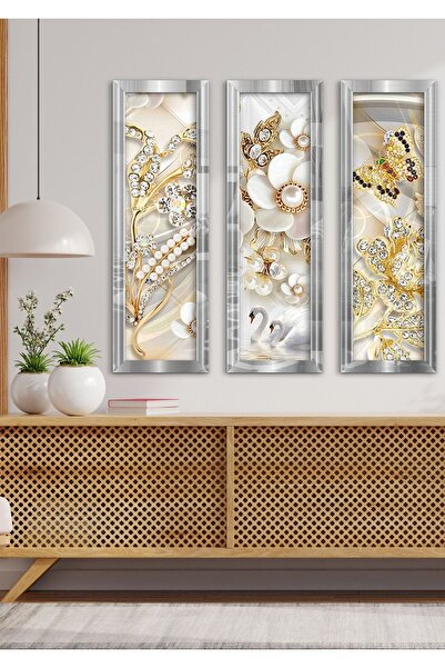 Evinemoda Kelebek Inci Yaprak Gümüş Pleksi Aynalı 3 Parça Tablo