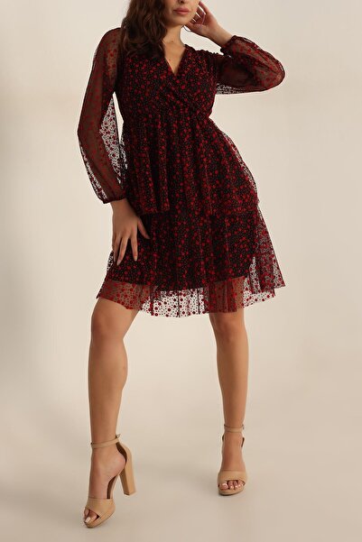 NY MODA Kadın Kırmızı Flok Baskı Kat Kat Tül Detay Abiye Elbise