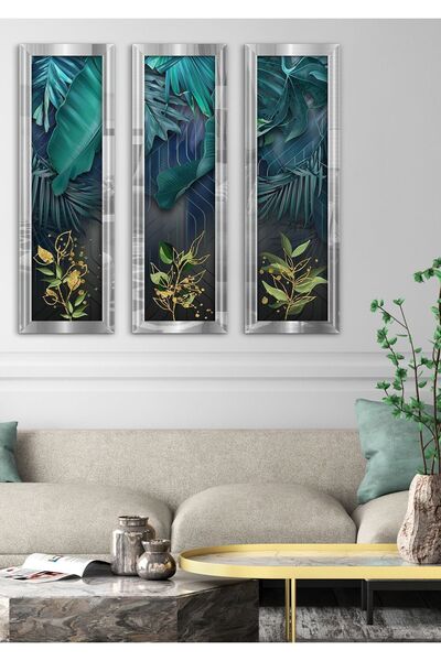 Evinemoda Yeşil Yapraklar Gümüş Pleksi Aynalı 3 Parça Tablo