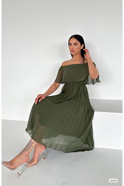 Varyete Şifon Piliseli Omzu Açık Midi Boy Şifon Abiye Elbise Düğün Nişan Söz Mezuniyet