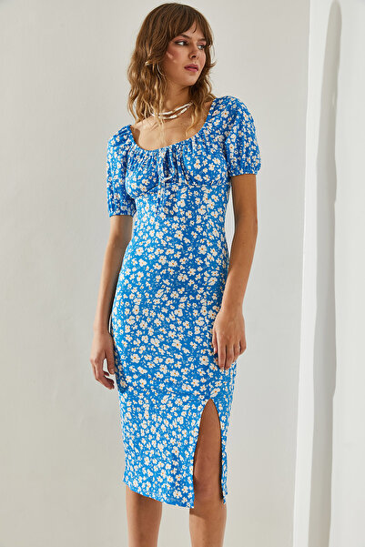 Bianco Lucci Rochie cu mâneci pepene verde cu cravată cu model de margarete - Detaliu cu fantă, 60251371