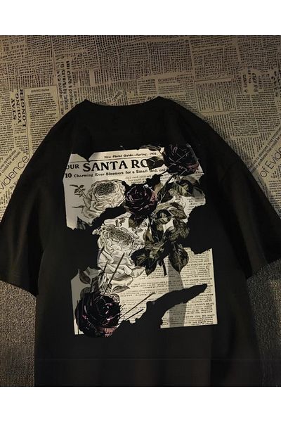 Touz Moda Unisex Oversize Vintage T-shirt - Streetwear Rose Printed