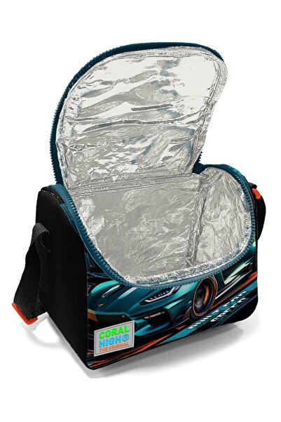 Coral High Boy's School Backpack and Lunch Set - 4 Compartments, Black Nefti Race Car