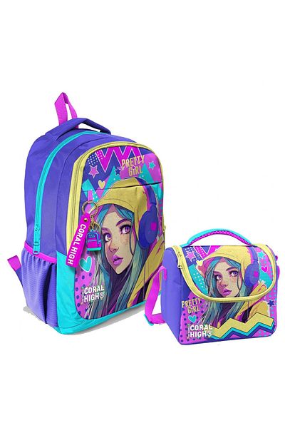 Coral High Rucsac cu trei ochi pentru fetiță - turcoaz lavandă cu căști + set de prânz