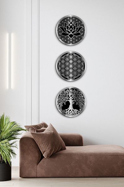 Evinemoda Arborele vieții Floarea vieții Floarea lotusului, cu semnificație, culoare argintie, oglindă din plexiglas, pictură decorativă de perete în 3 bucăți