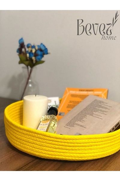 BEVEZ HOME Κίτρινο ψάθινο καλάθι από γιούτα - 30x7 Χειροποίητο, Οργανωτής Μπάνιου και Κουζίνας πολλαπλών χρήσεων