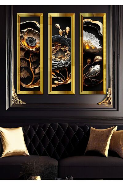 Evinemoda Renkli Çiçekler Gold Pleksi Aynalı 3 Parça Tablo
