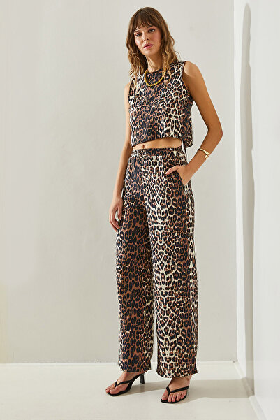 Bianco Lucci Leopard Patterned Women's Vest and Trousers Set - Piping Detail 926060251394