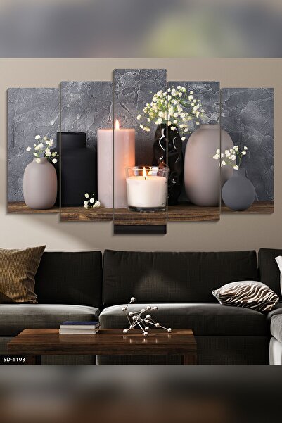 Evinemoda Vazoda Çiçekler Mum 5 Parça Mdf Tablo