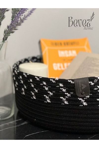 BEVEZ HOME Ръчно плетена, многофункционална кошница, органайзер за баня и кухня 30x10, черна, двуцветна