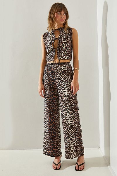 Bianco Lucci Set aus Weste und Hose für Damen mit Leopardenmuster – Paspeldetail 926060251394