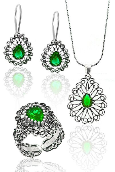 Midyat Nurtaş Gümüş Zümrüt Taşlı Damla Model Kadın 925 Ayar Gümüş Telkari Üçl...