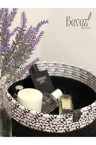 BEVEZ HOME Черна кошница от юта - органайзер за баня и кухня, 30x10, двуцветна, ръчно плетена