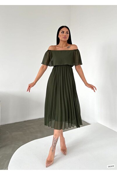 Varyete Şifon Piliseli Omzu Açık Midi Boy Şifon Abiye Elbise Düğün Nişan Söz Mezuniyet