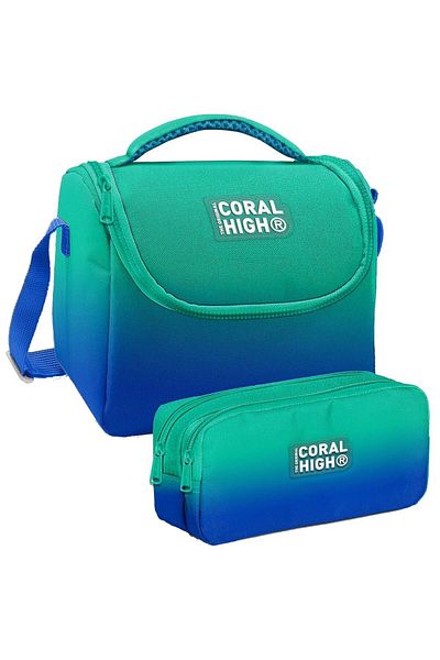 Coral High Set de geanți de prânz termoizolante cu model Saks verde pentru băieți și suport pentru stilouri