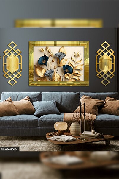 Evinemoda Zarif Gold Yapraklar ve Mavi Çiçekler ile Dallar Yan Dekorlu 3 Parç...