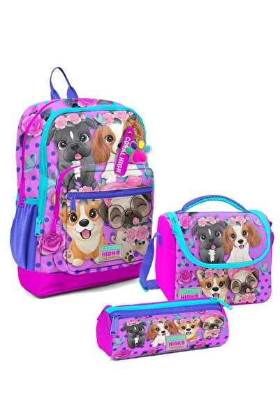 Coral High Kız Çocuk Üçlü İlkokul Okul Çanta Seti - Pembe Köpek