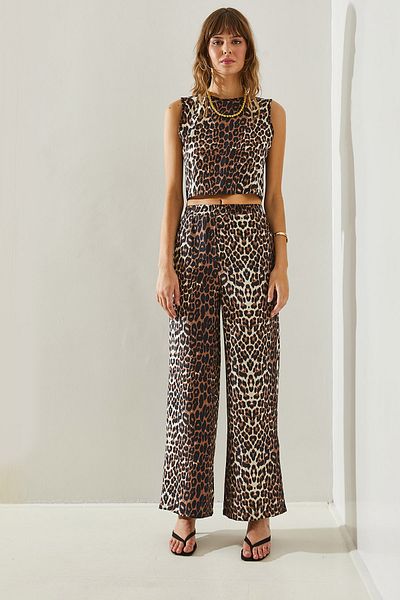 Bianco Lucci Set aus Weste und Hose für Damen mit Leopardenmuster – Paspeldetail 926060251394