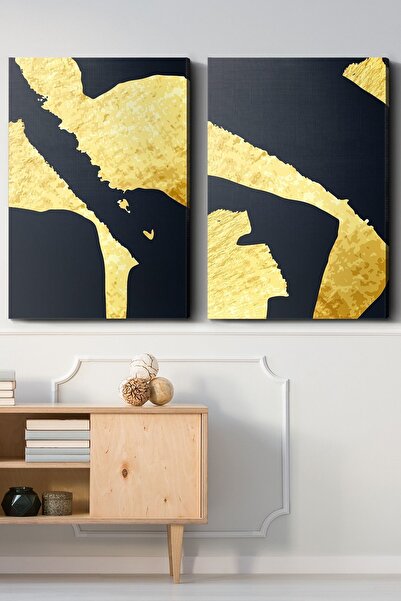 Evinemoda 45X65 cm Gold Abstract Art 2 Piece Canvas - Canvas Painting