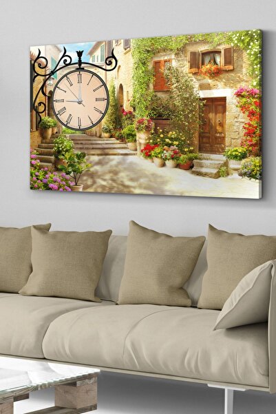 Evinemoda Çiçekli Sokaklar Saatli Kanvas - Canvas Tablo