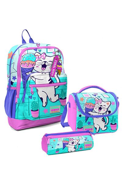 Coral High Set de trei ghiozdane pentru școală primară cu model de pisici cu înghețată pentru fete