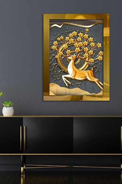 Evinemoda Gold Geyik Çiçekler Tek Parça Pleksi Tablo