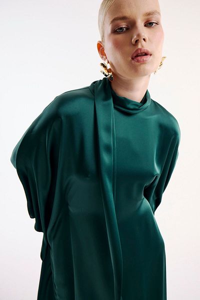 Nuum Design Neck Tie Satin Dress Duck Green