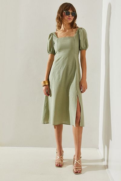 Bianco Lucci Linen Square Collar - Back Tie and Slit Detailed Dress 3517460251398