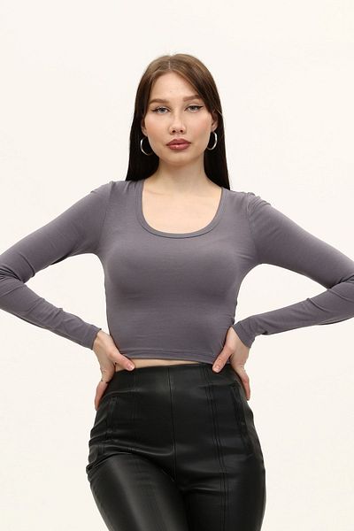 LAENT Women's Anthracite Gray Crew Neck Long Sleeve Crop Blouse